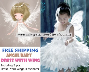 Bela Otrok Božični Kostumi Lep Angel Krilo Pero Princesa Obleke za dekle, vključno z Derss+Preja krila+Fascinator