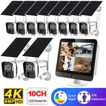 10CH 5MP Sončne Wifi CCTV kamer na Prostem Baterija, Fotoaparat, Varnostni Sistem, Video Nadzor, LCD Kit