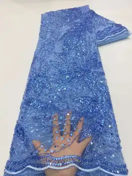2022 Nigerijski Design Modro Nebo Visoko Kakovostnih Ročno Izdelanih Sequins Til Čipke Afriške Luksuzni Biseri 5 Metrov Tkanine Za Ženske Obleka Za Maturantski Ples