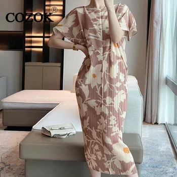 COZOK 2024 Poletje Nov Modni Naguban Natisnjeni Slim Fit Obleko Elegantno Ženske Batwing Rokav Sredi Dolžina Priložnostne Obleke WT741