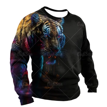 2024 TigerT Srajce Bombaž Za Moške 3D Živali Tiskanja Dolg Rokav Vrhovi Ulica Fantje T-shirt Prevelik Tee Majica Moški Vintage Oblačila