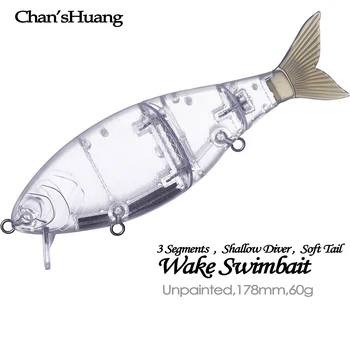 Chan'sHuang 5PCS Unpainted Prazne 178mm 60 g Topwater 3 Segmenti Multi Spojen Mehko Rep Wake Swimbait DIY Ročno Ribolov Vab