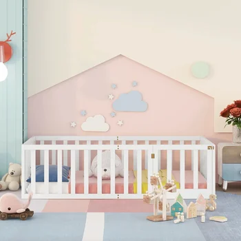 Otroška posteljica 90 x 200, lesena tla Posteljo okvir z ograje in vrata, Primerna za toddlers，Nordijska minimalističen slog，bela