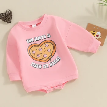 Baby Dekle Valentinovo Romper Srčkan Pizza Tiskanja Dolgimi Rokavi, okoli Vratu Bodysuit Novorojenčka Obleko