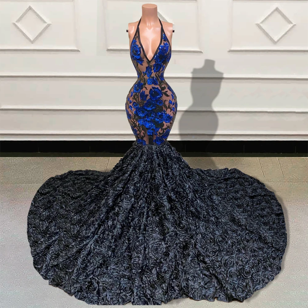 Luksuzni Črni Dekleta morska deklica Dolgo Prom Obleke 2023 Sparkly Bleščica V Vratu Backless 3D Cvetje Vlak Formalno Večernih Oblek za Stranke