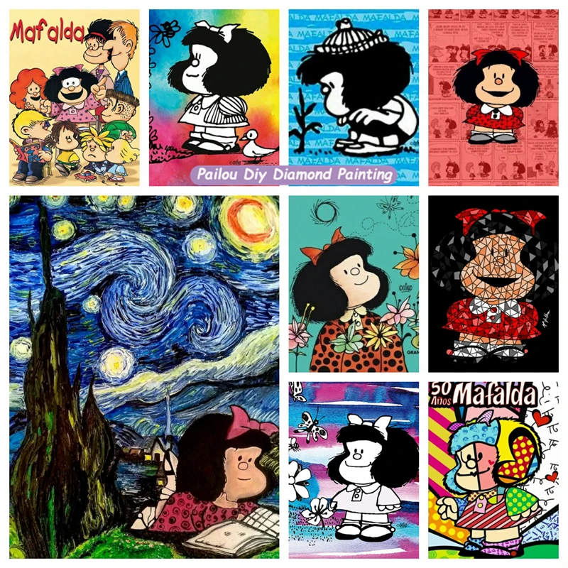 Mafalda 5D DIY Polno Vaje Diamant, Slikarstvo, Umetnost, Navzkrižno Šiv Risanka Luštna Punca Mozaik Slik Vezenje Doma Dekor Darilo