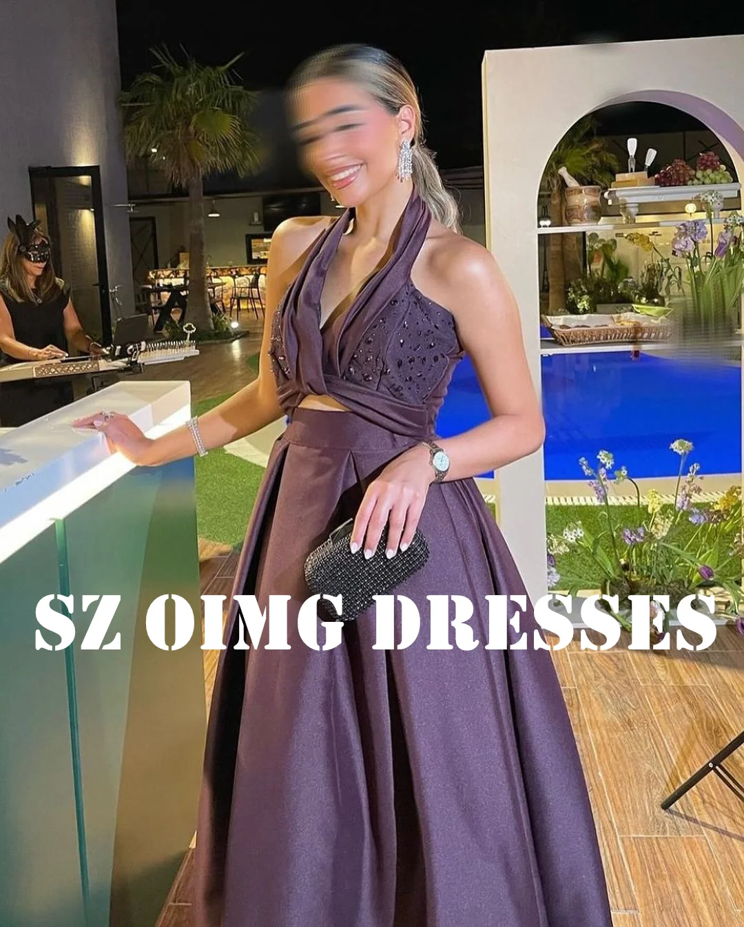 OIMG Novega Modela, Vijolična Elegantno Prom Obleke arabski Ženske Povodcem Beading Saten Ruched A-Linijo Večernih Oblek Formalno Stranko Obleko